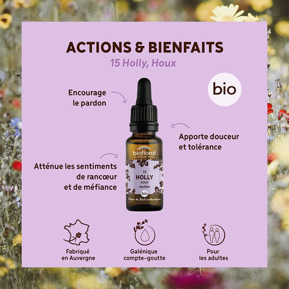 Paarse achtergrond met fles en tekst. Opschrift: Actions & Bienfaits. BIO-certificering. Voor volwassenen.