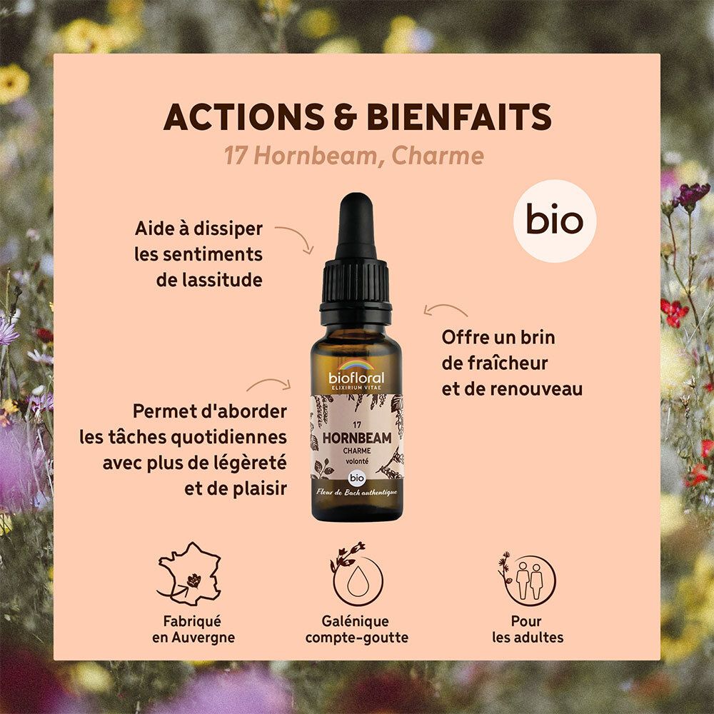 Fles met druppelaar. Tekst: 17 Hornbeam, Charme. BIO-label. Tekst over acties en voordelen.