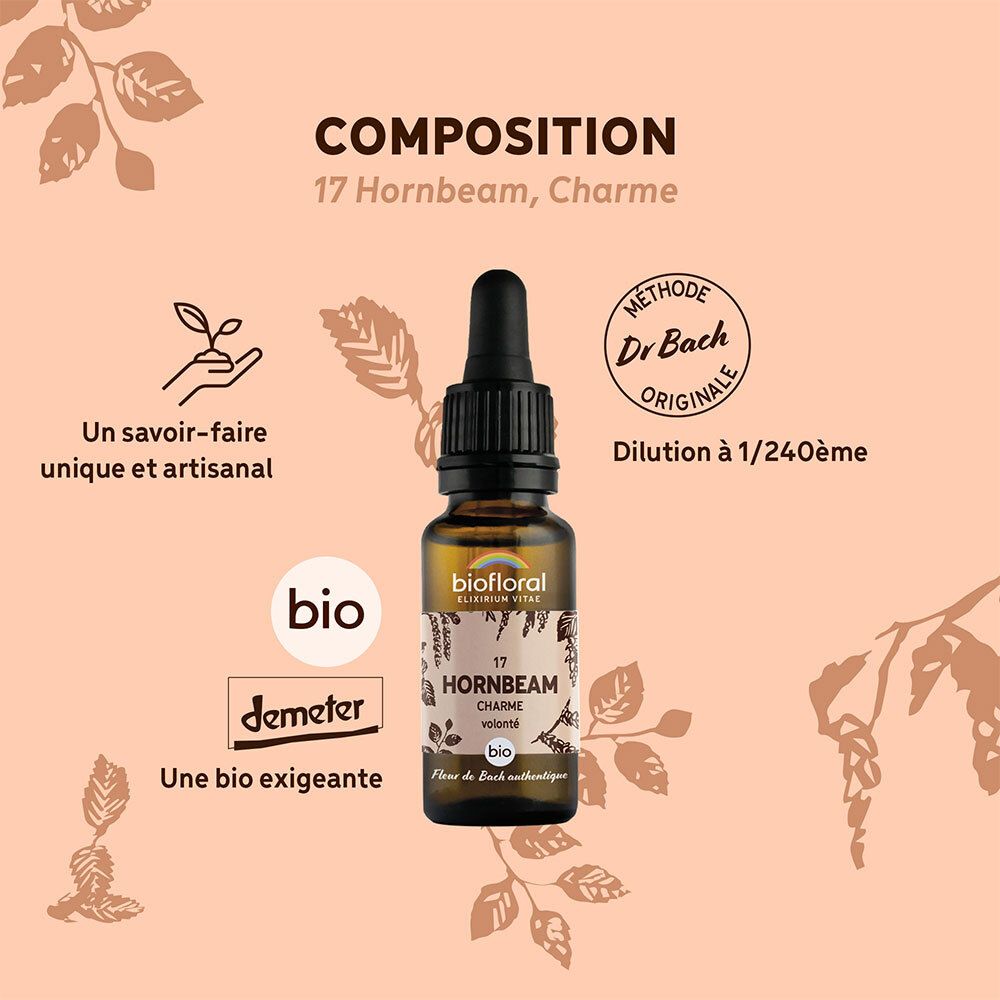 Fles met druppelaar. Tekst: 17 Hornbeam, Charme. BIO-label. Demeter-label. Dr. Bach-methode.