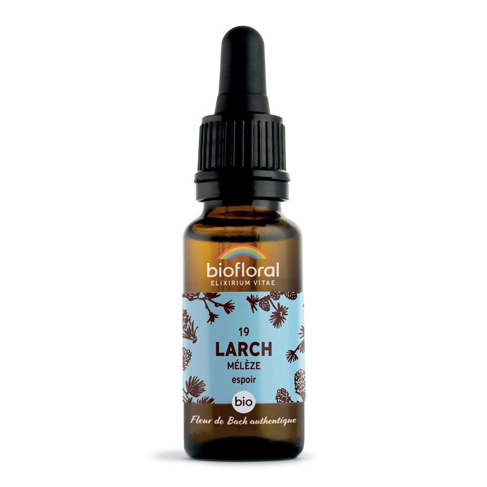 Bruine glazen fles met druppelaar. Etiket met tekst: 19 LARCH, BIO. Merk: BIOFLORAL.