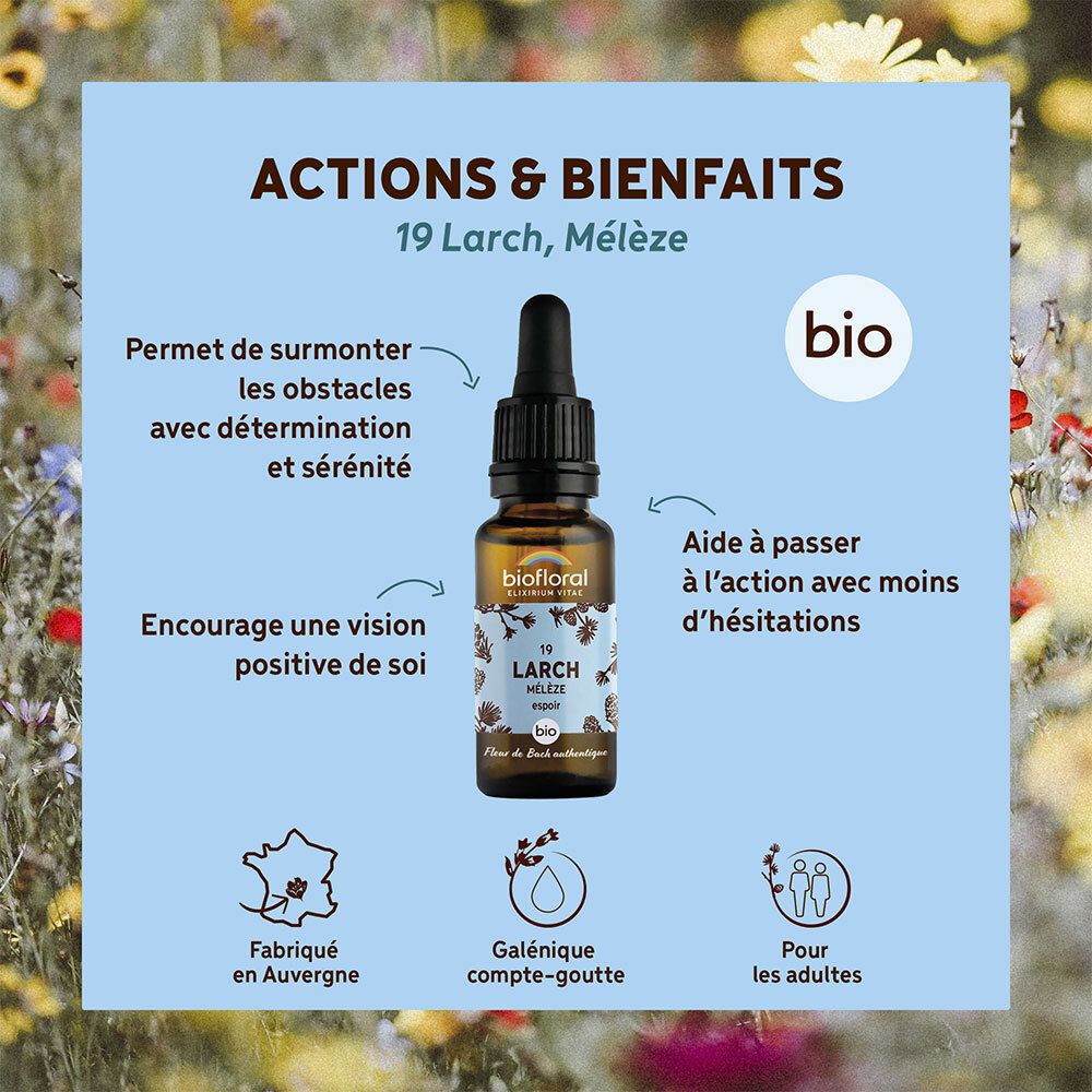 Fles met druppelaar, omringd door tekst en afbeeldingen. Tekst: 19 Larch, BIO. Merk: BIOFLORAL.