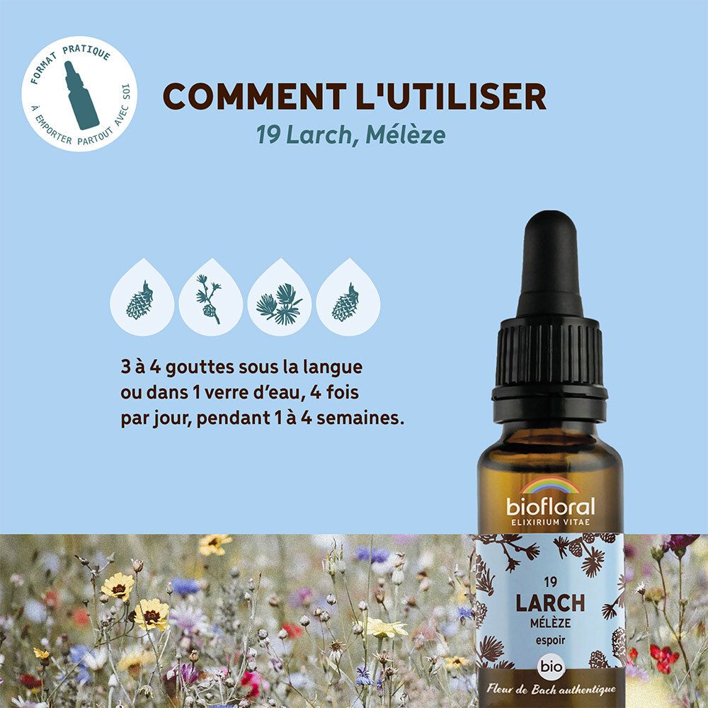 Fles met druppelaar, omringd door tekst en afbeeldingen. Tekst: 19 Larch, BIO. Merk: BIOFLORAL.