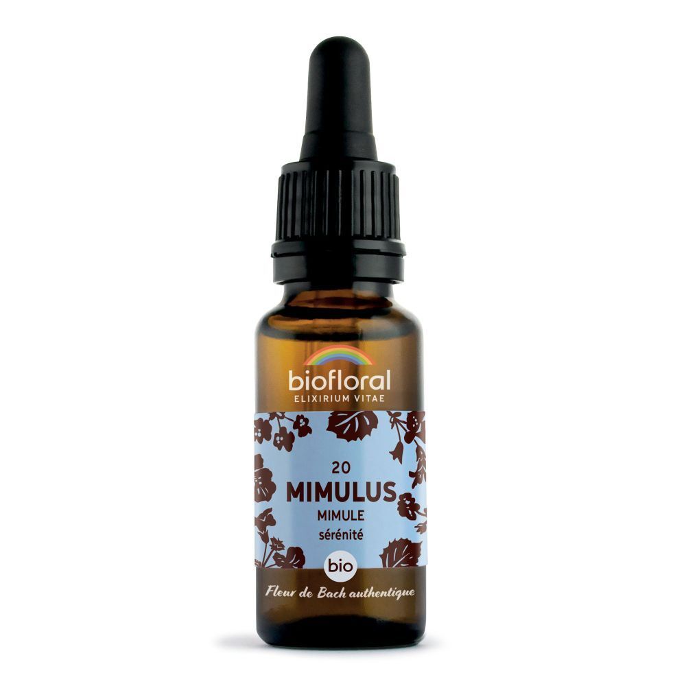 Bruine glazen fles met druppelaar. Opschrift: BIOFLORAL, Mimulus, Mimule, Sérénité, 20. Bio-label.