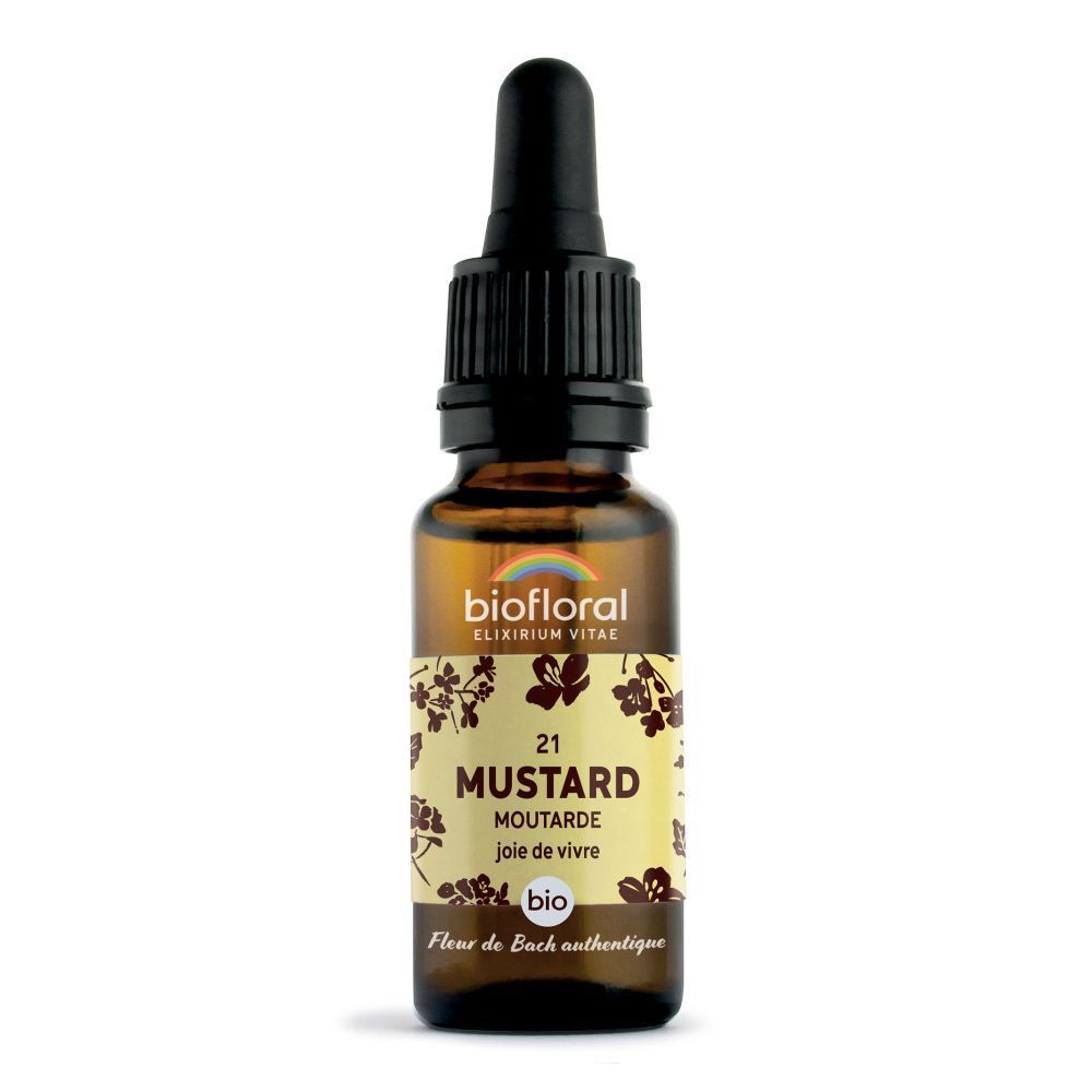 Bruine glazen fles met druppelaar. Etiket met "BIOFLORAL", "MUSTARD 21", "joie de vivre" en "BIO".