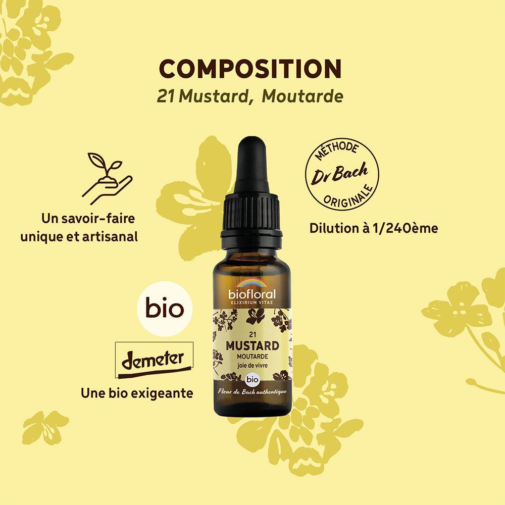 Gele achtergrond met product. Tekst: "COMPOSITION", "21 Mustard, Moutarde", "BIO", "demeter".
