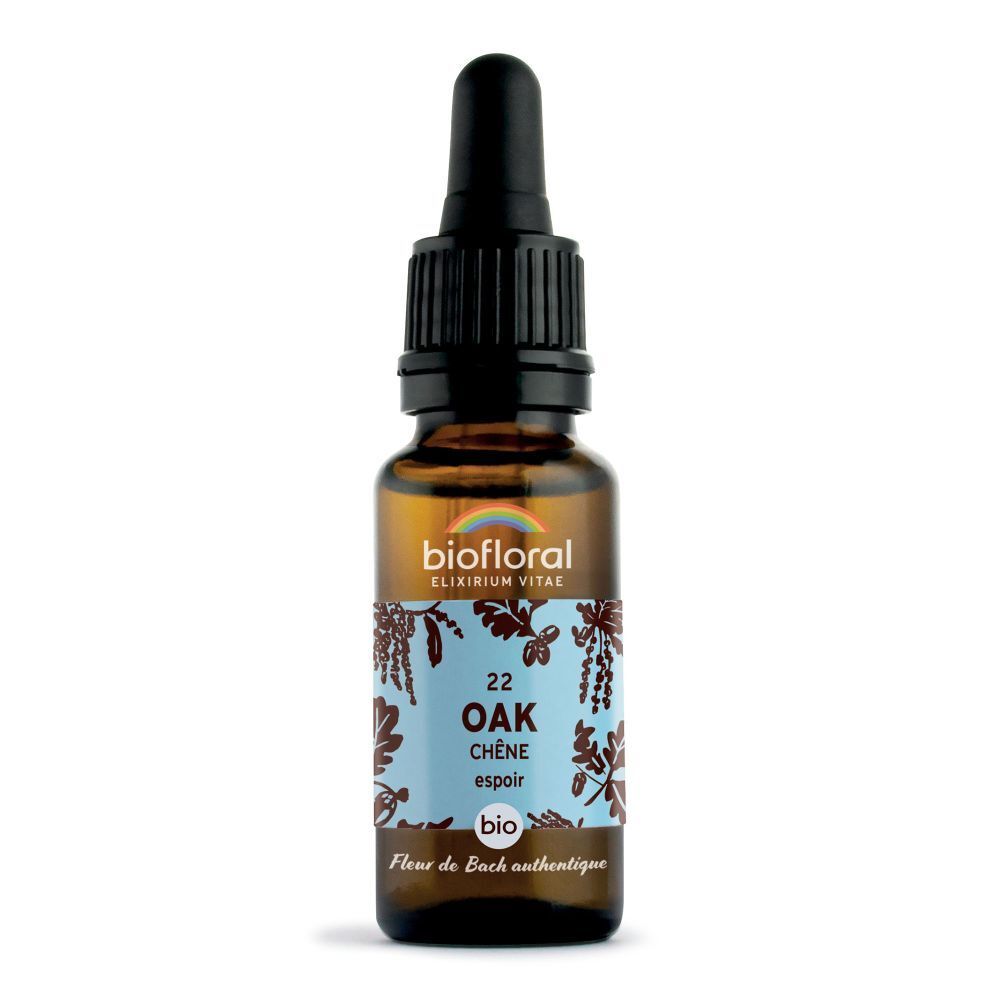 Bruine glazen fles met druppelaar. Etiket met productinformatie. BIOFLORAL 22 Oak Chêne Espoir.