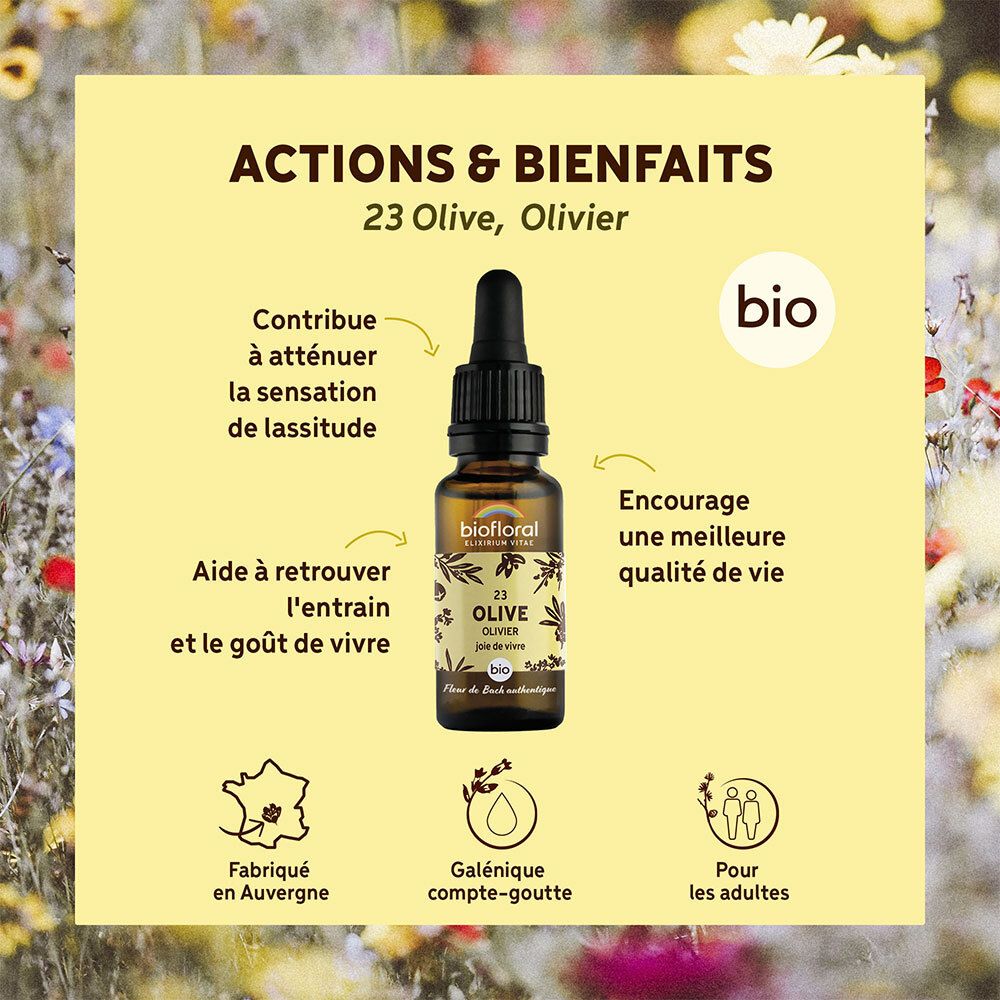 Gele achtergrond met productfles. Tekst: Acties & Voordelen, 23 Olijf, bio-label, illustraties.