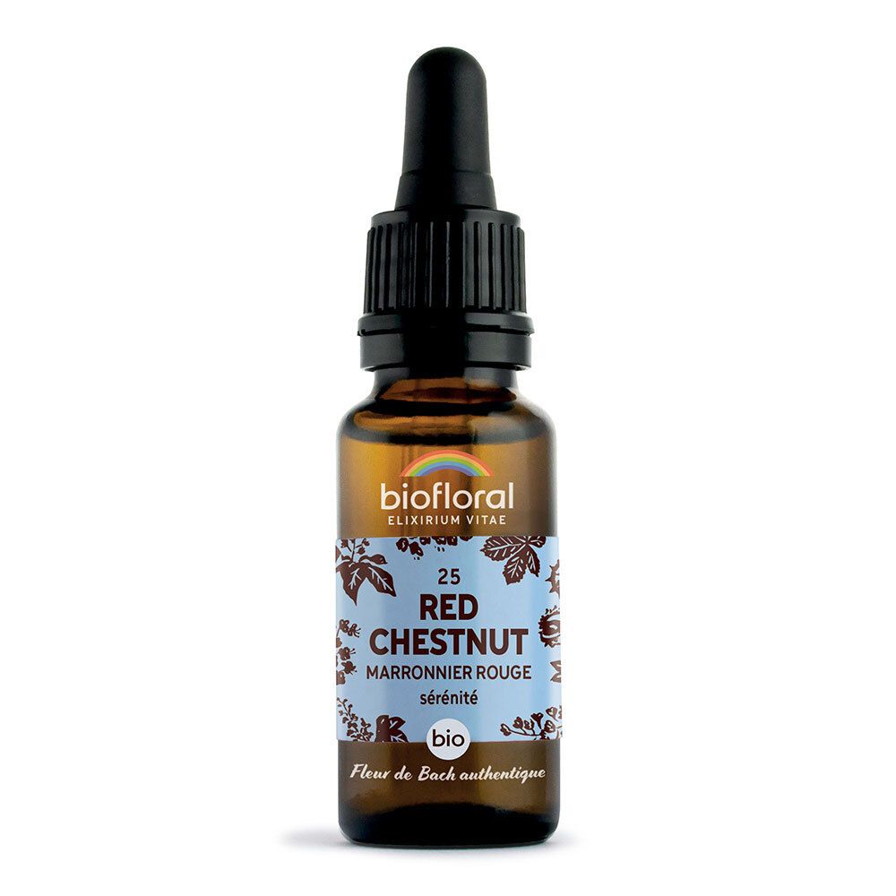 Bruine glazen fles met druppelaar. Etiket met productnaam, nummer 25 en BIO-keurmerk. Achtergrond: wit.