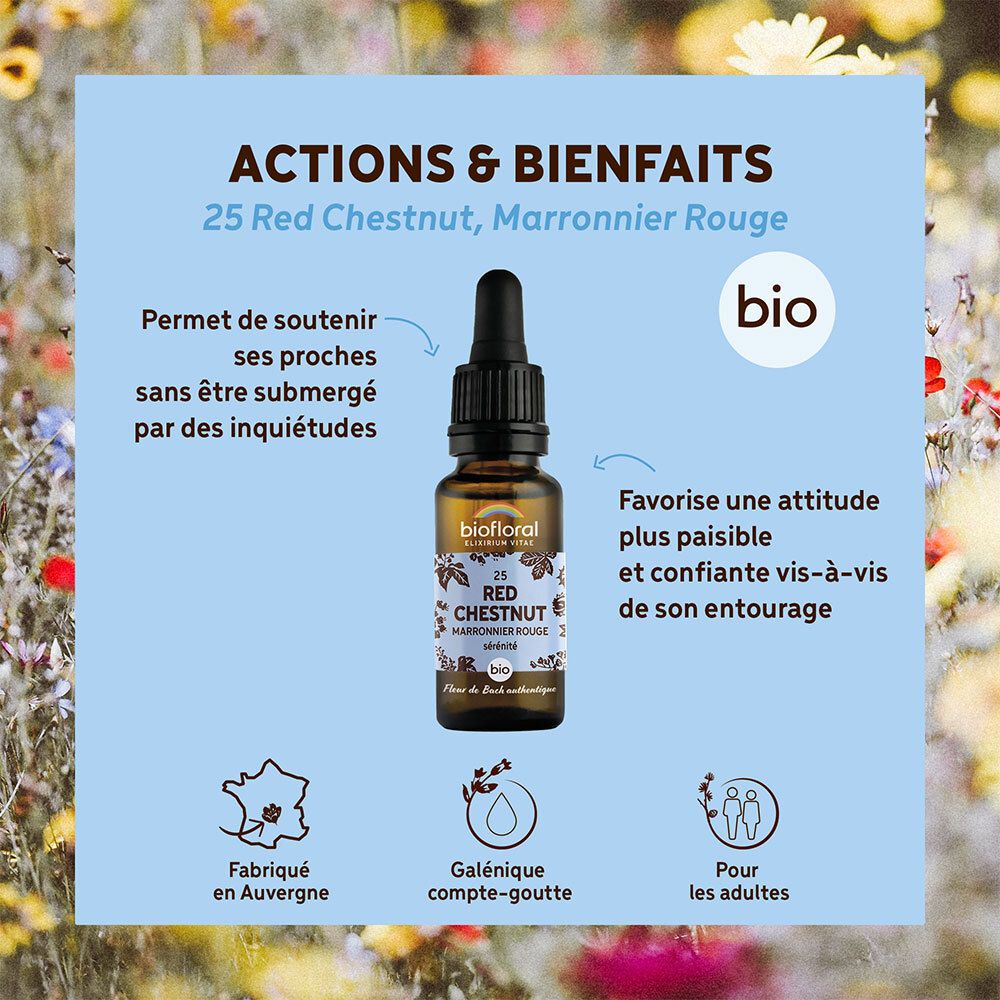 Productfles op blauwe achtergrond. Tekst: Acties & Voordelen, 25 Red Chestnut, BIO-keurmerk, Fabriqué en Auvergne.