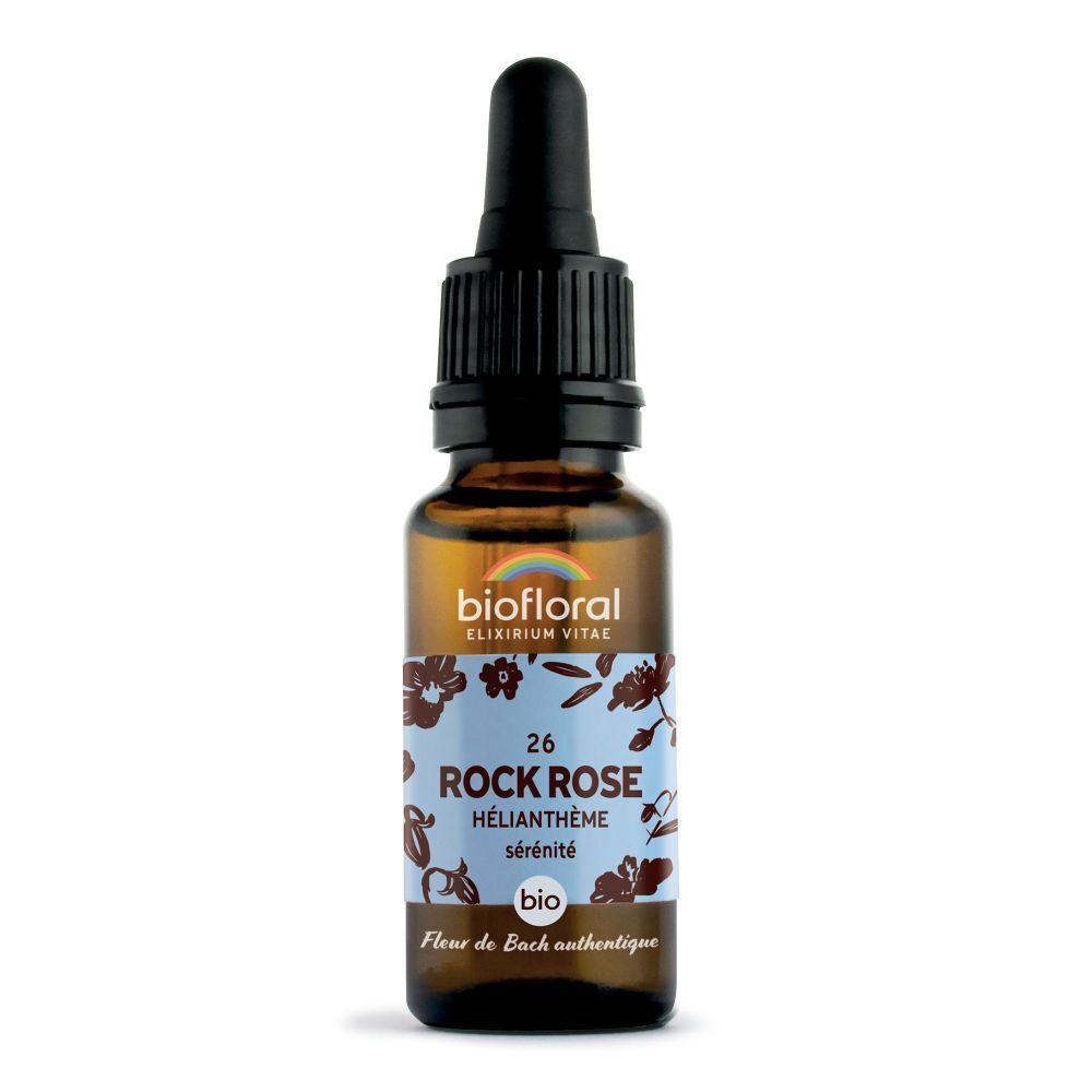 Bruine glazen fles met druppelaar. Etiket met productnaam, bloemmotief en bio-label.