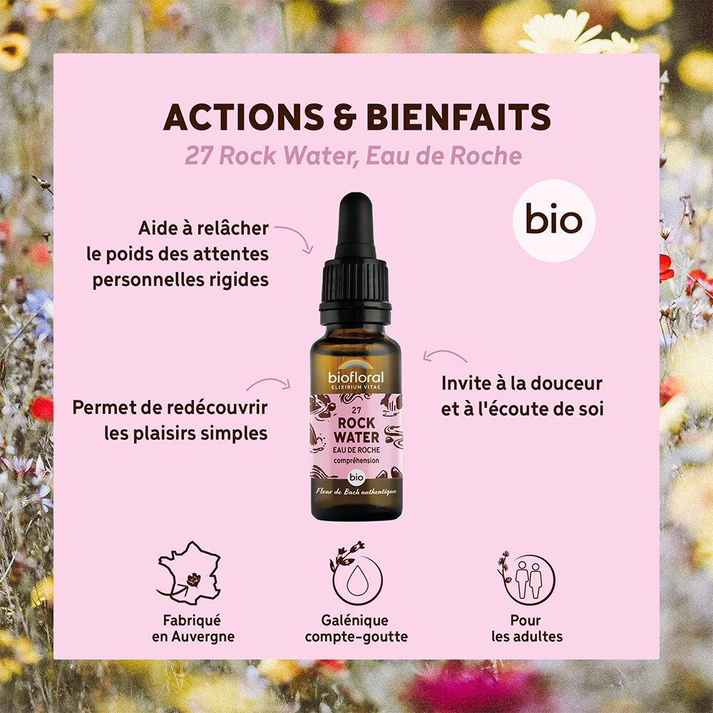 Produit avec flacon compte-gouttes. BIOFLORAL 27 Rock Water. Fond rose avec texte. Label bio.