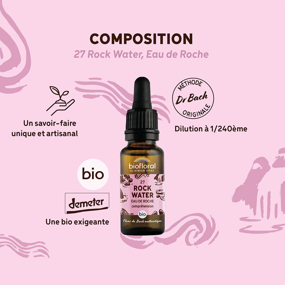 Produit avec flacon compte-gouttes. BIOFLORAL 27 Rock Water. Fond rose avec texte. Label Demeter.