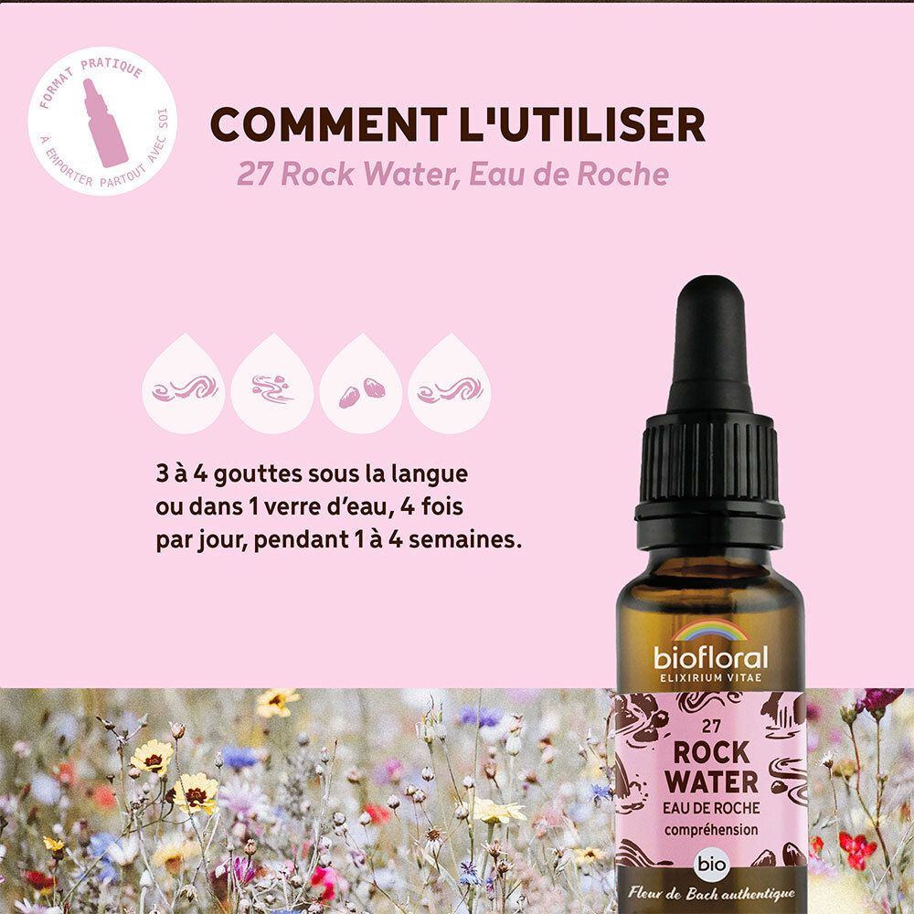 Produit avec flacon compte-gouttes. BIOFLORAL 27 Rock Water. Fond rose avec texte. Instructions d'utilisation.