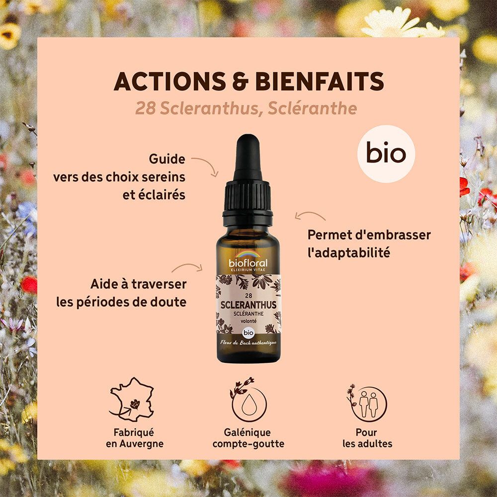 Fles met druppelaar omringd door illustraties. Tekst: Acties & Voordelen, BIO-label, Fabriqué en Auvergne.