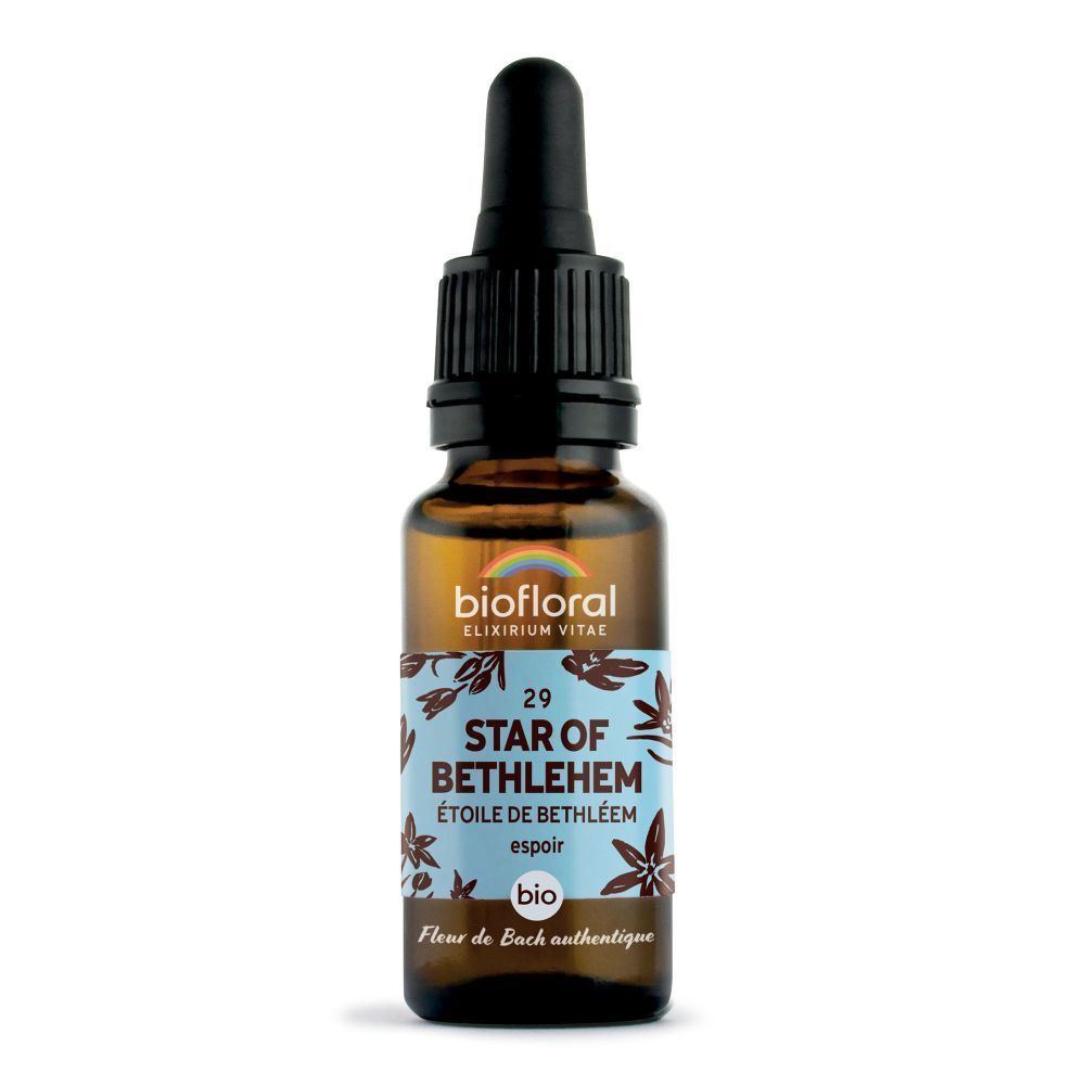Bruine glazen fles met zwarte druppelaar. Opschrift: BIOFLORAL, STAR OF BETHLEHEM, Etoile de Bethléem, espoir, bio.