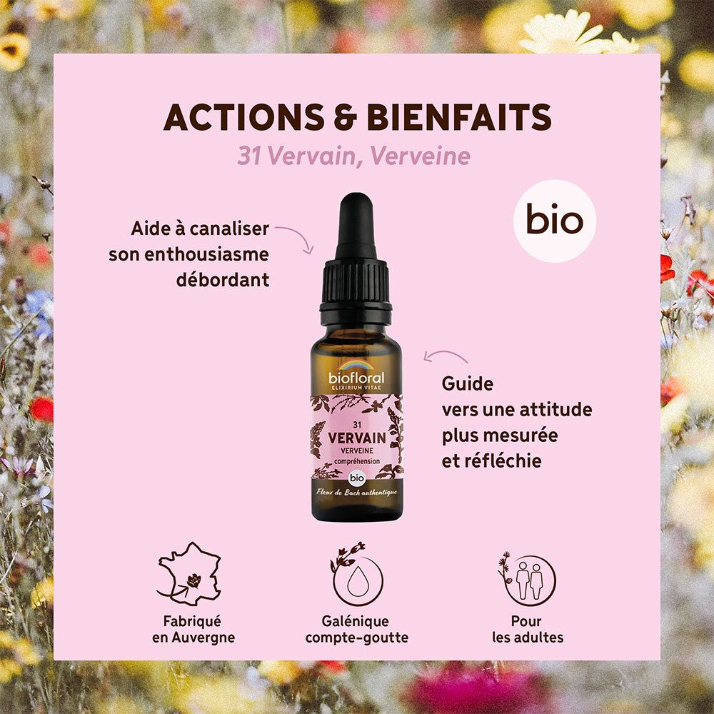 Fles met druppelaar. BIOFLORAL 31 VERVAIN. Tekst: Actions & Bienfaits. BIO-certificering.