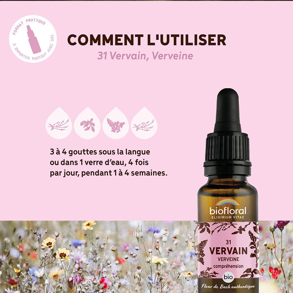 Fles met druppelaar. BIOFLORAL 31 VERVAIN. Tekst: Hoe te gebruiken. Bloemsymbolen.