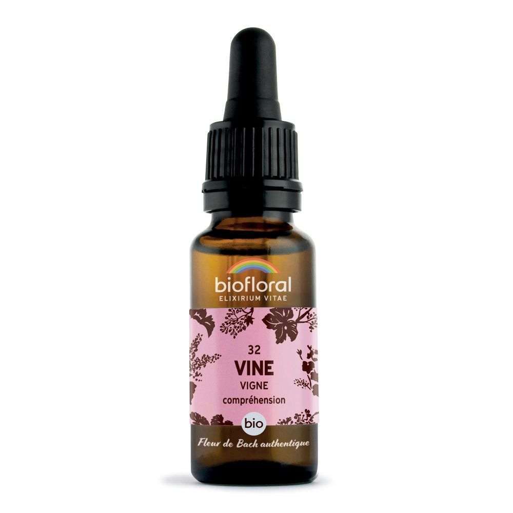 Bruine glazen fles met zwarte druppelaar. Etiket met tekst: 32 VINE, BIO. Merk: BIOFLORAL.