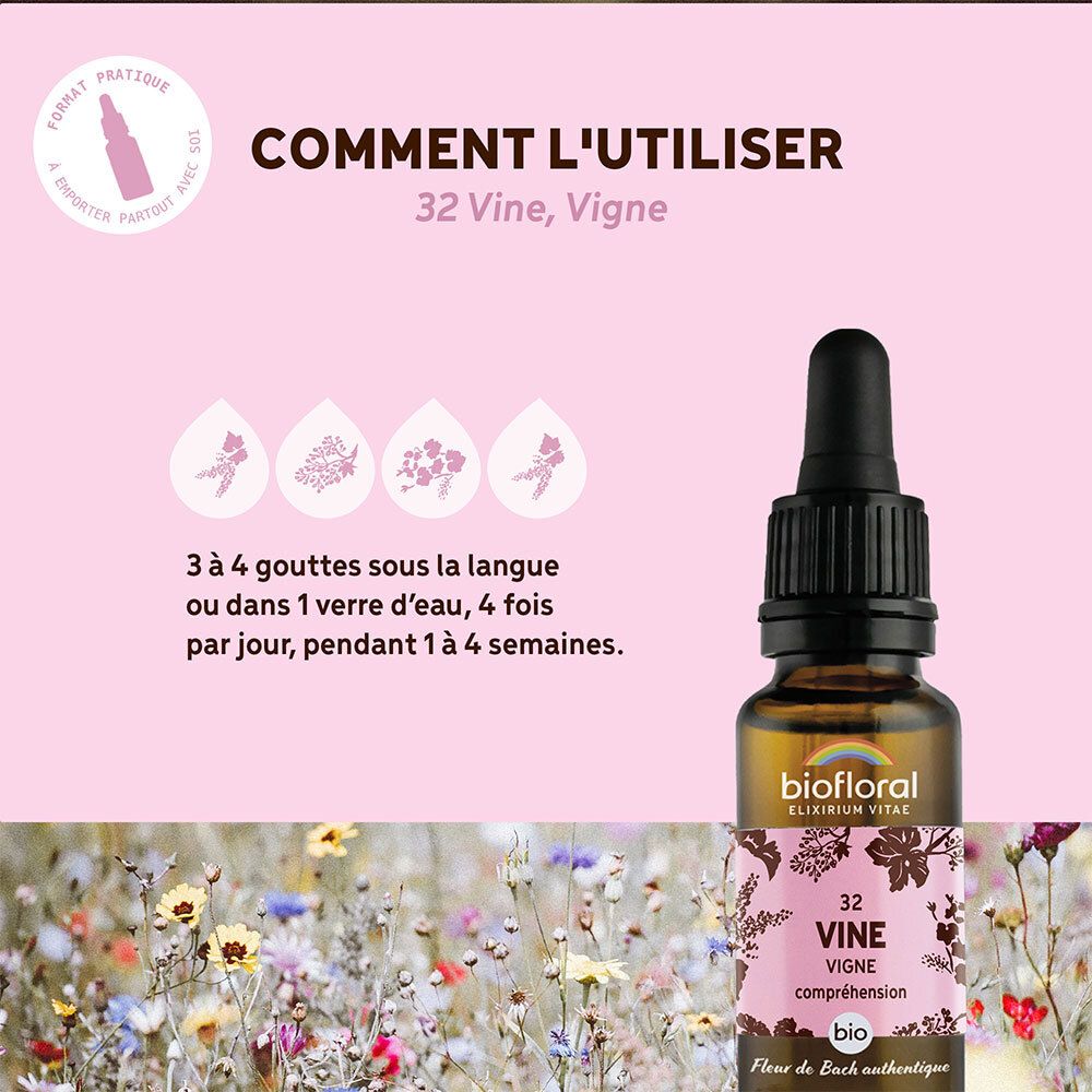 Productfles met tekst en illustraties op roze achtergrond. Tekst: 32 Vine, Vigne, BIO. Merk: BIOFLORAL.
