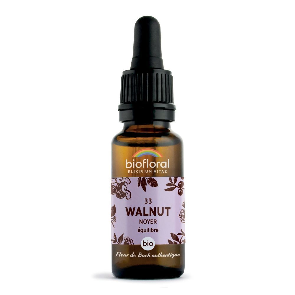 Bruine glazen fles met druppelaar. Etiket met productnaam en bio-keurmerk. Opschrift: 33 WALNUT.