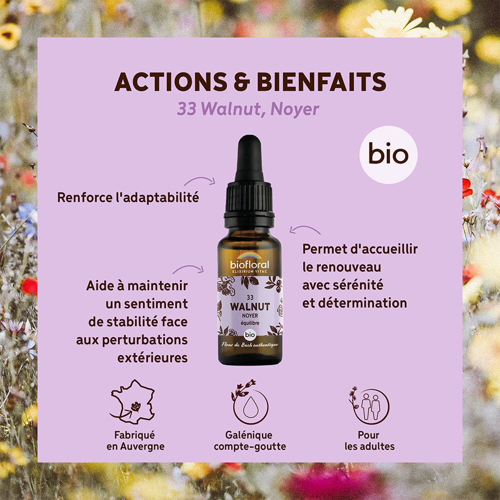 Productfles met druppelaar op lila achtergrond. Tekstvakken met informatie. Bio-keurmerk zichtbaar.