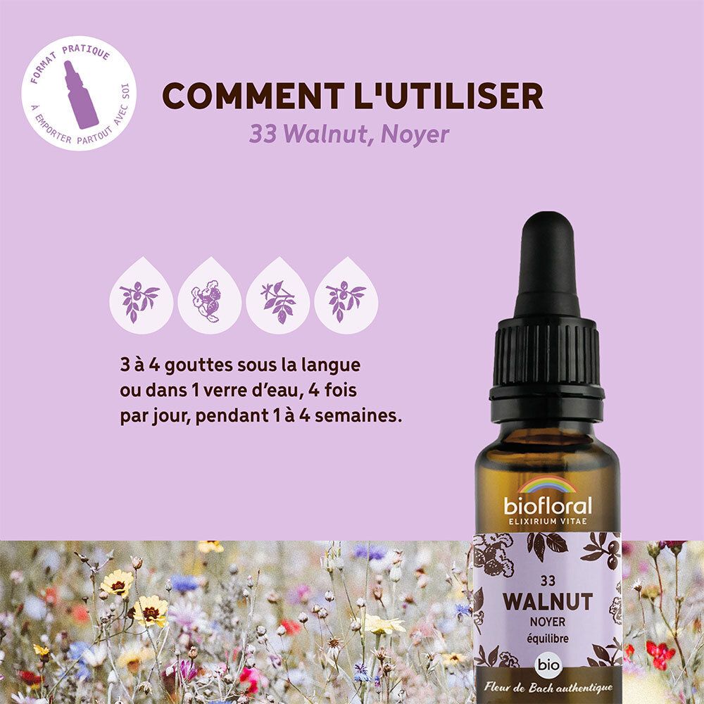 Flacon de produit avec compte-gouttes sur fond floral. Texte avec instructions d'utilisation. Label bio visible.