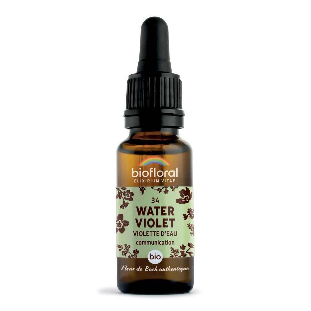 Bruine glazen fles met druppelaar. Etiket met productnaam, bio-logo en bloemmotieven. Merk: Biofloral.