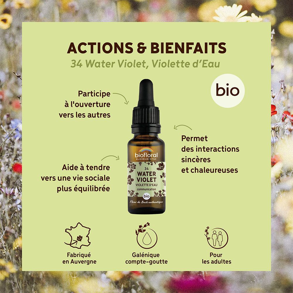 Afbeelding met fles en tekst. Bevat informatie over voordelen en bio-logo. Gemaakt in Auvergne.