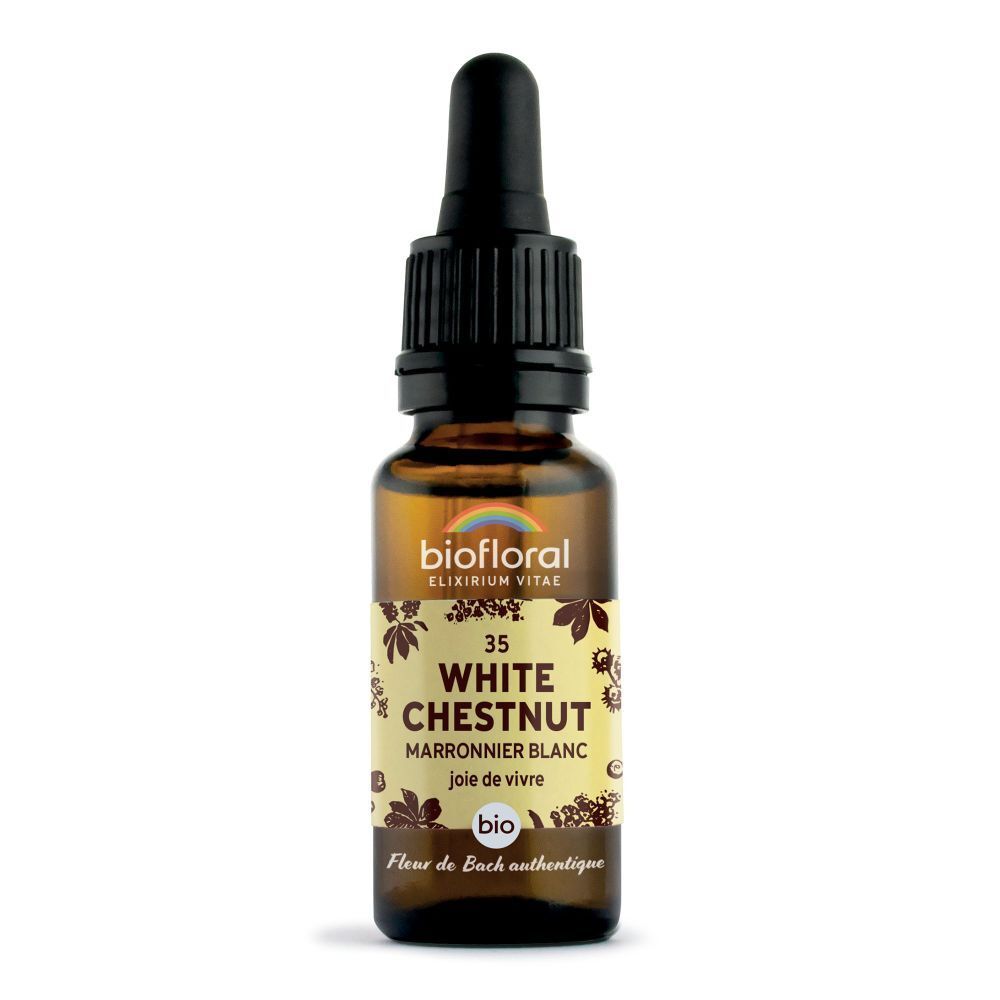 Bruine glazen fles met druppelaar. Etiket met productnaam, 'White Chestnut', 'BIO' zegel en bloemmotieven.