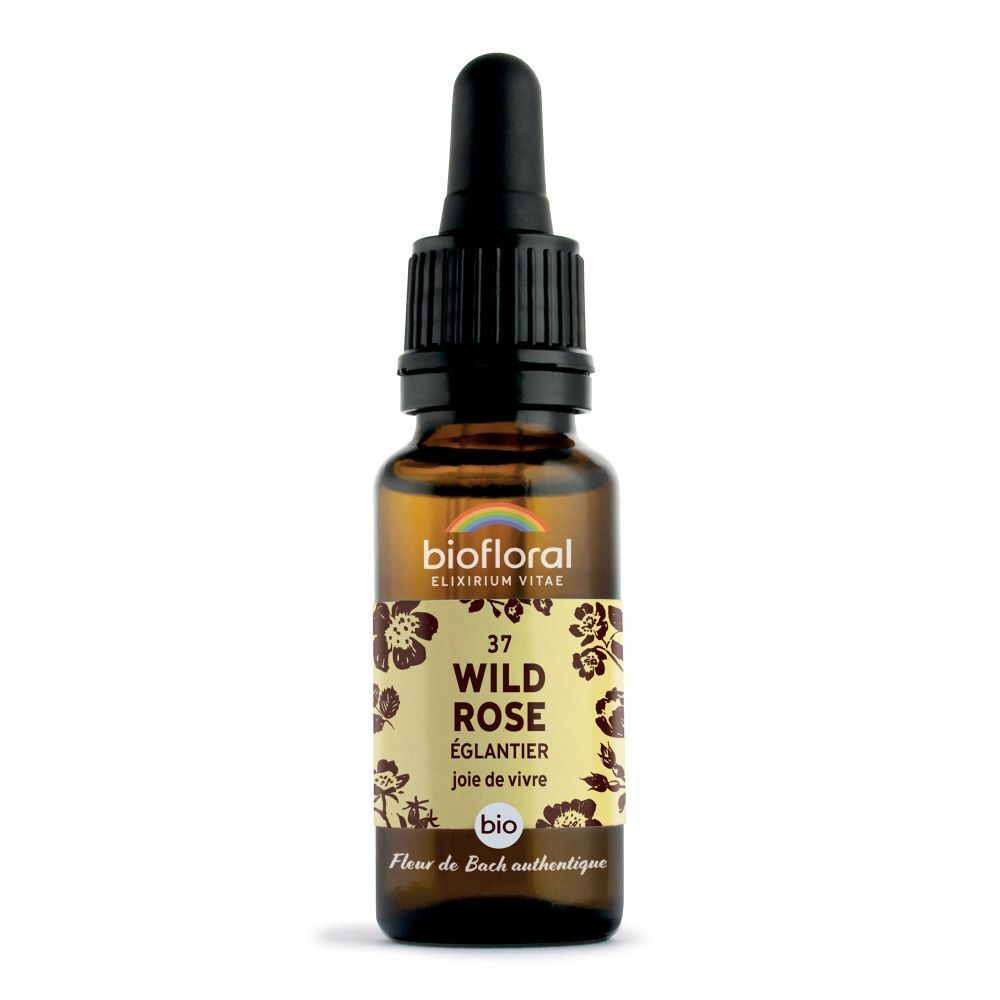 Bruine glazen fles met druppelaar. Etiket met productnaam, bloemmotief en bio-logo.