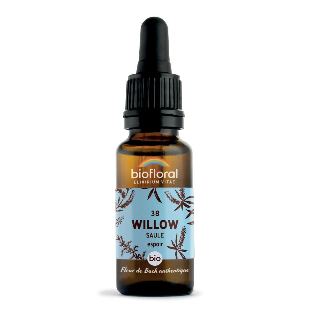 Bruine glazen fles met druppelaar. Opschrift: BIOFLORAL, Willow, 38, Saule, Espoir. Bio-label.
