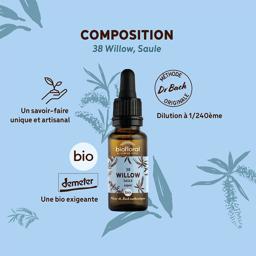 Blauwe achtergrond met tekst en productafbeelding. Tekst: Samenstelling, 38 Willow, Saule. Bio-label, Demeter.