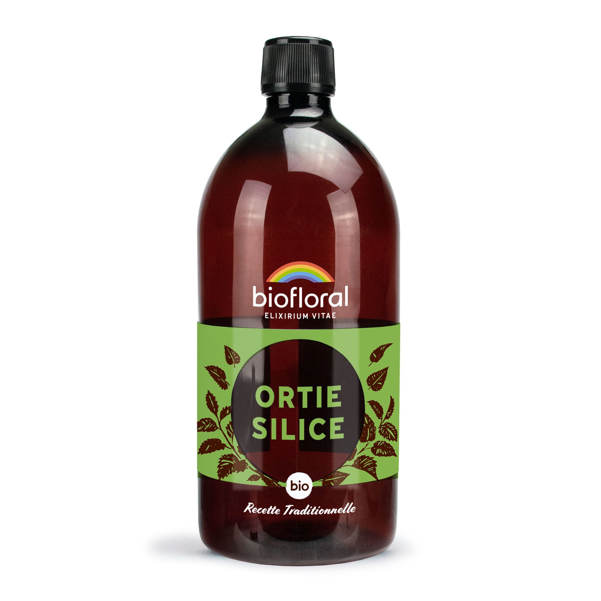 Liquide brun dans une bouteille avec bouchon noir. Inscription: BIOFLORAL, Ortie Silice. Label BIO.