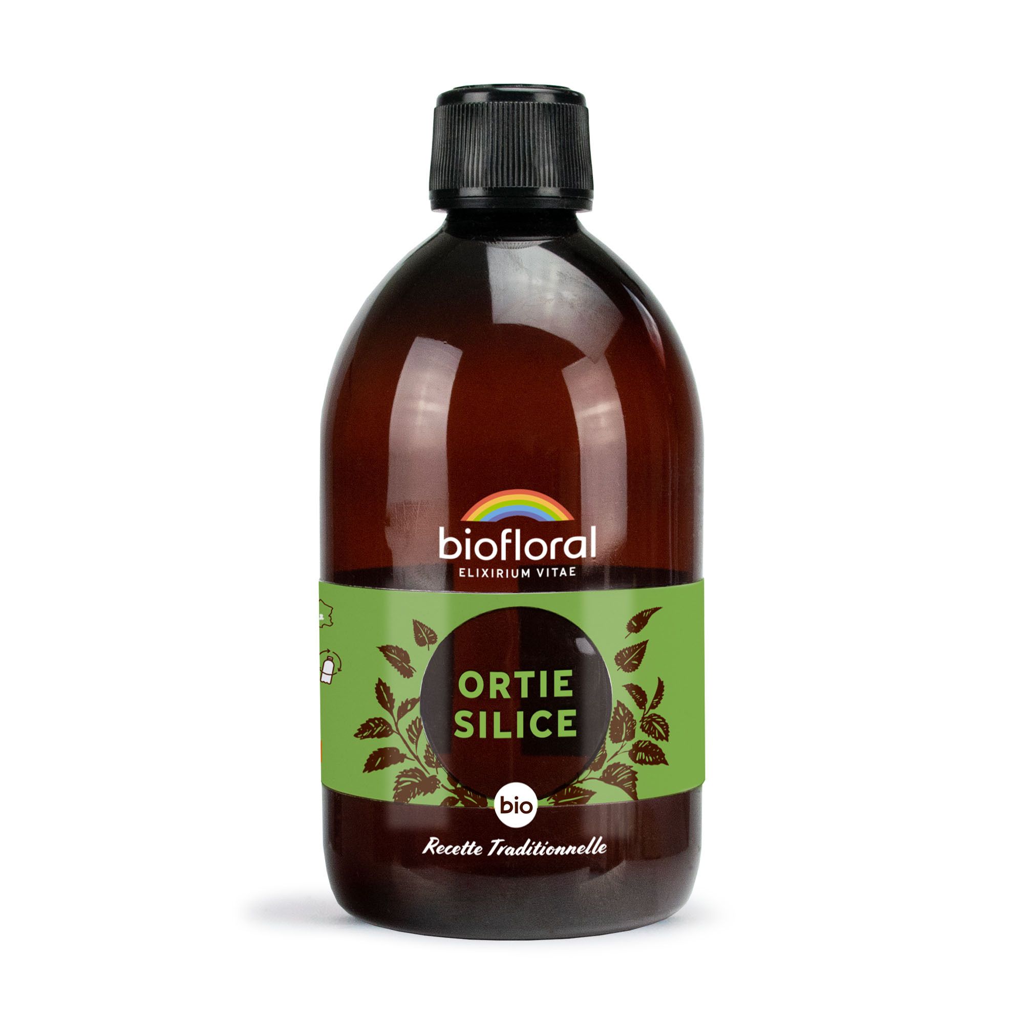 Liquide brun dans une bouteille avec bouchon noir. Inscription: BIOFLORAL Elixirium Vitae. Étiquette avec texte et logo.