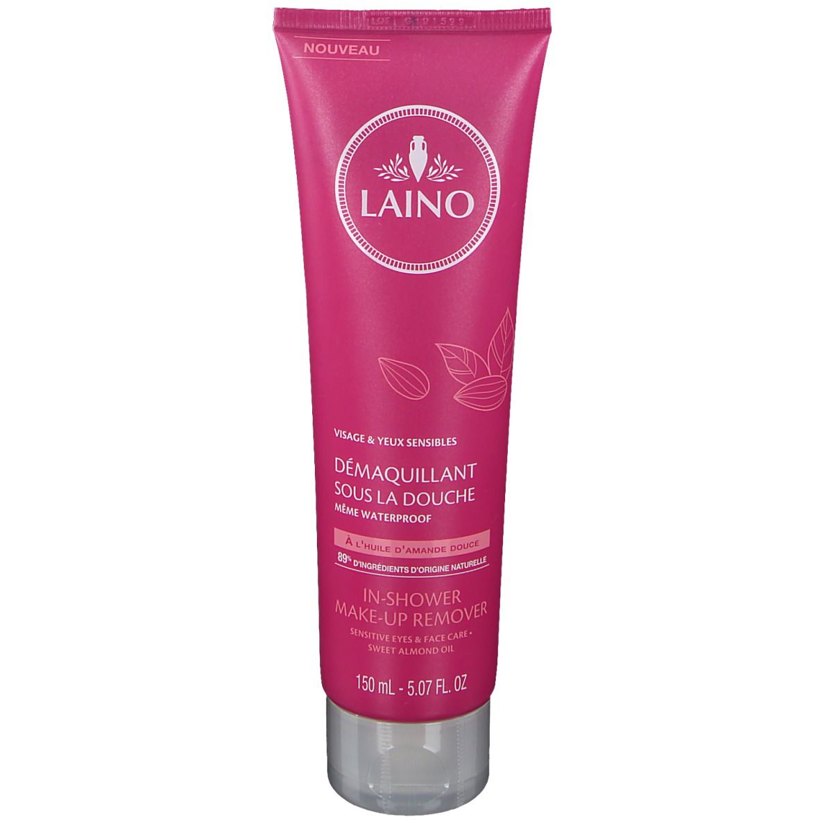 Tube rose avec bouchon blanc. Texte: LAINO, Démaquillant sous la douche, In-Shower Make-Up Remover. 150 ml.