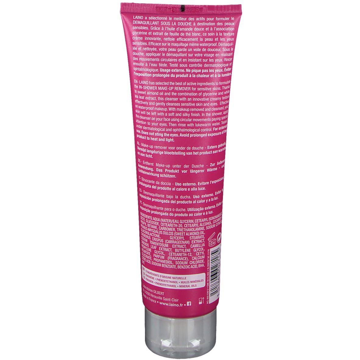 Dos d'un tube rose avec bouchon blanc. Texte: LAINO, Démaquillant sous la douche, In-Shower Make-Up Remover. Ingrédients.