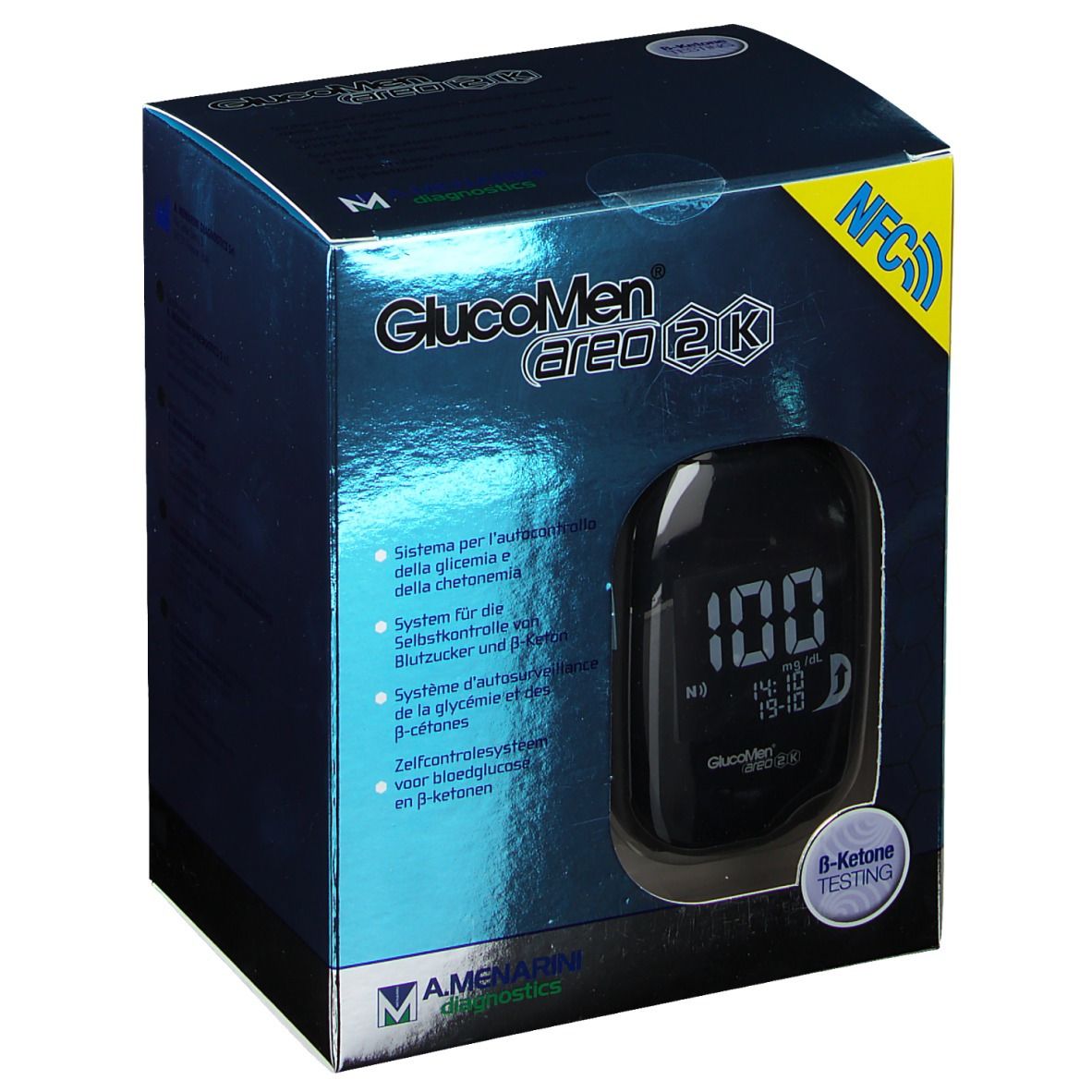 Verpakking van GlucoMen Areo 2K. Bloedglucosemeter met display. Tekst: B-Ketone Testing.
