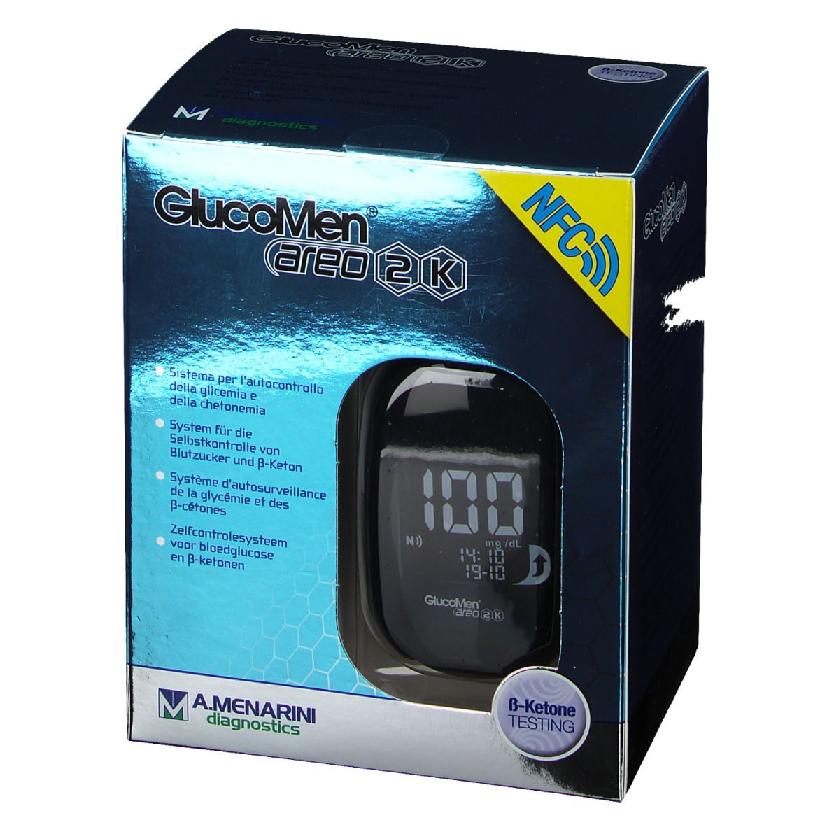 Verpakking van GlucoMen Areo 2K. Bloedglucosemeter met display. Tekst: B-Ketone Testing.