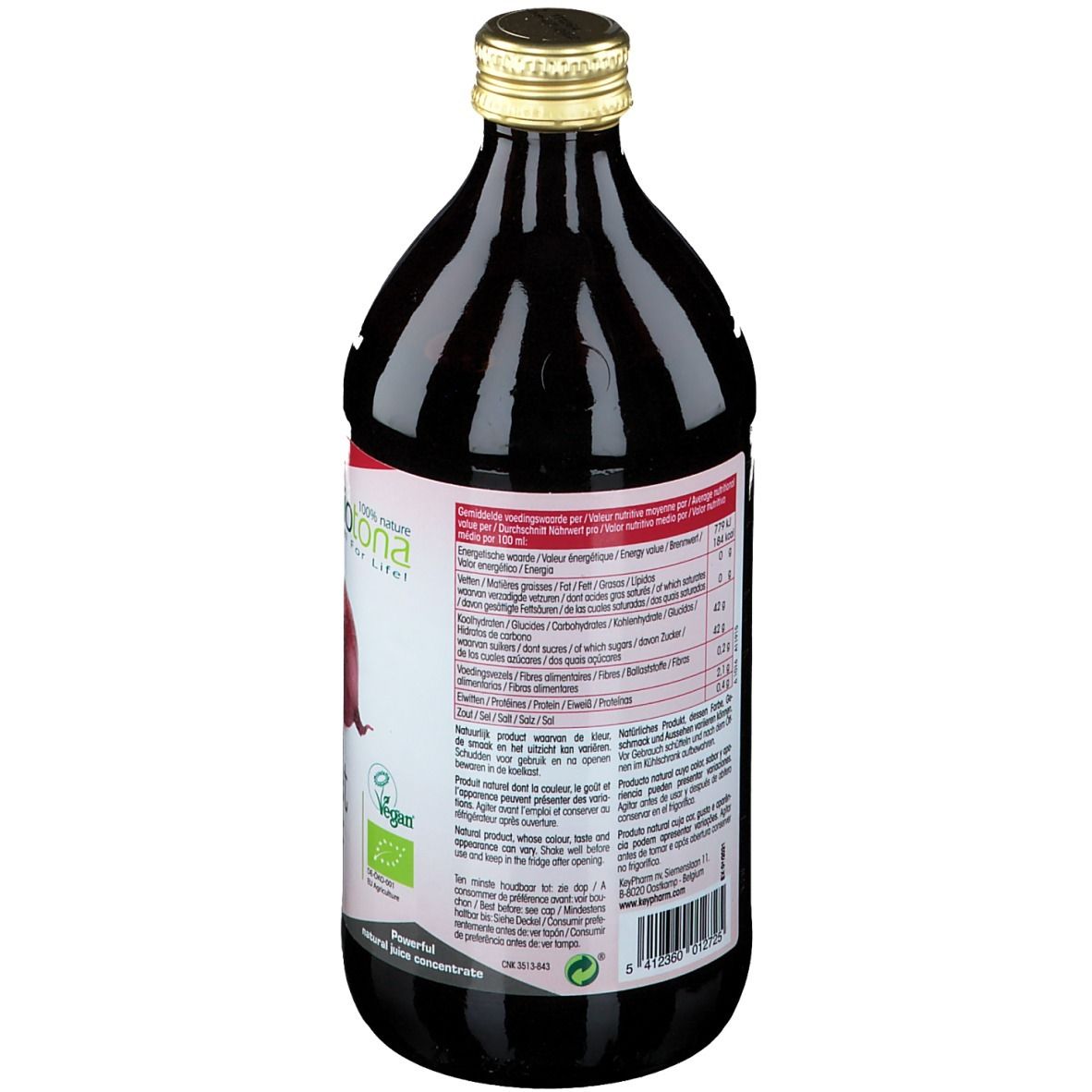 Rückseite einer Glasflasche mit roter Flüssigkeit. Etikett mit Nährwertangaben und Inhaltsstoffen. Goldfarbener Verschluss.