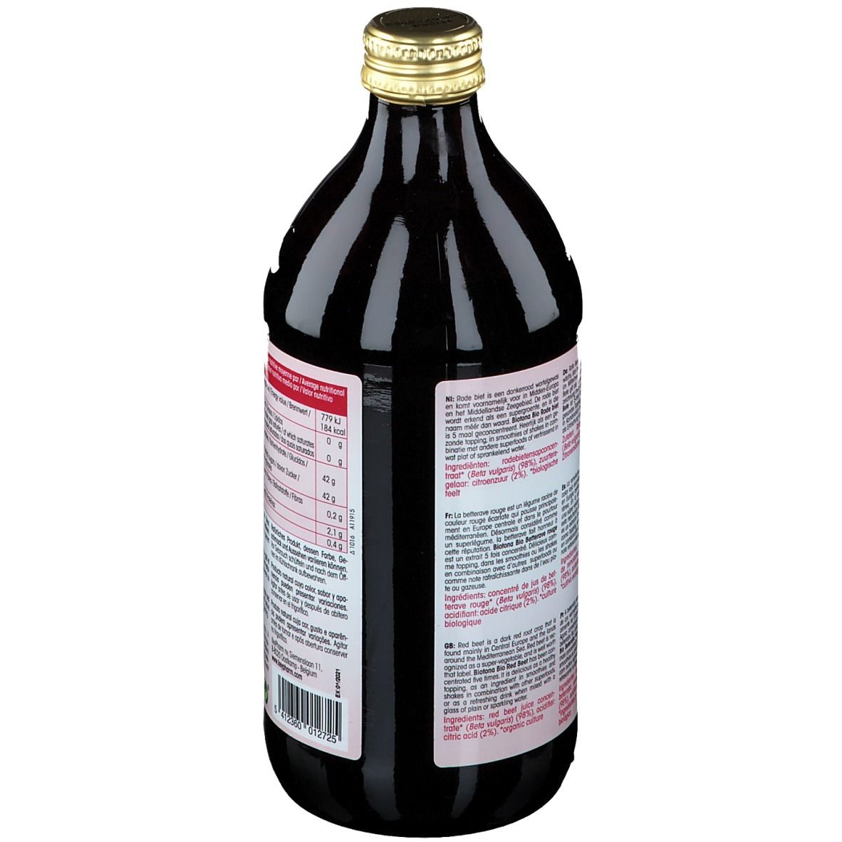 Rückseite einer Glasflasche mit roter Flüssigkeit. Etikett mit Nährwertangaben und Inhaltsstoffen. Goldfarbener Verschluss.