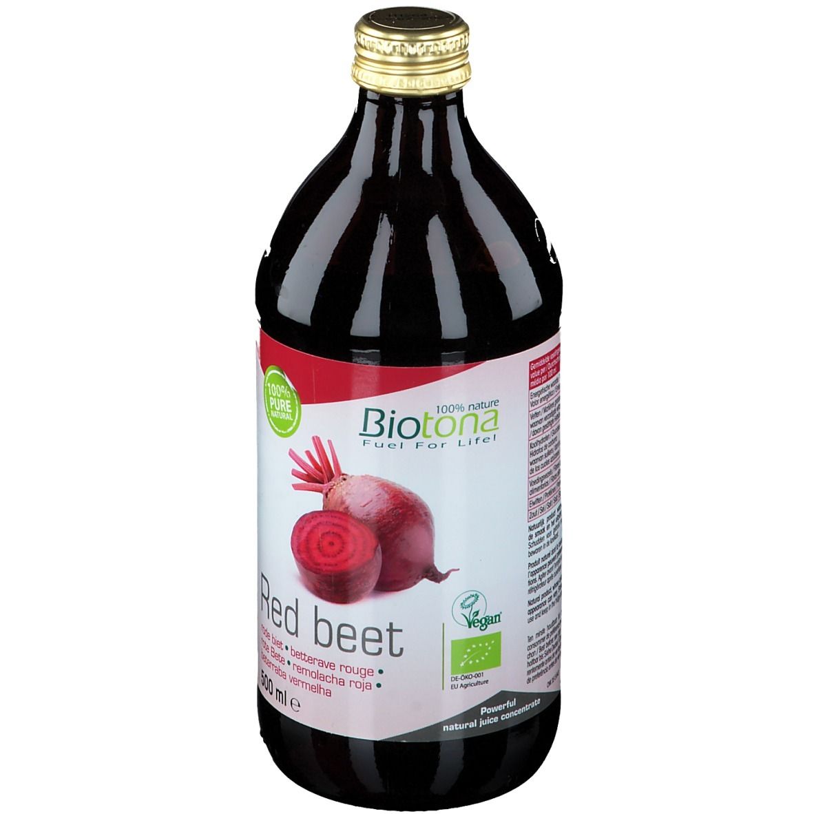 Glasflasche mit roter Flüssigkeit. Etikett mit Produktname, Rote Bete-Illustration und Logos. Goldfarbener Verschluss.