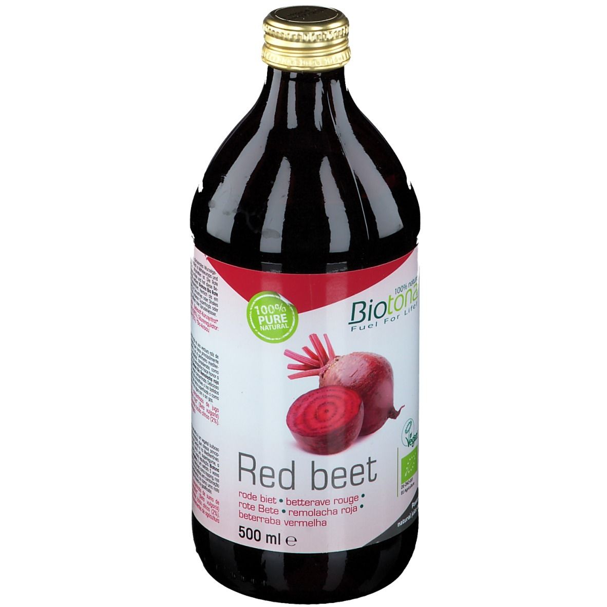 Glasflasche mit roter Flüssigkeit. Etikett mit Produktname, Rote Bete-Illustration und Logos. Goldfarbener Verschluss.