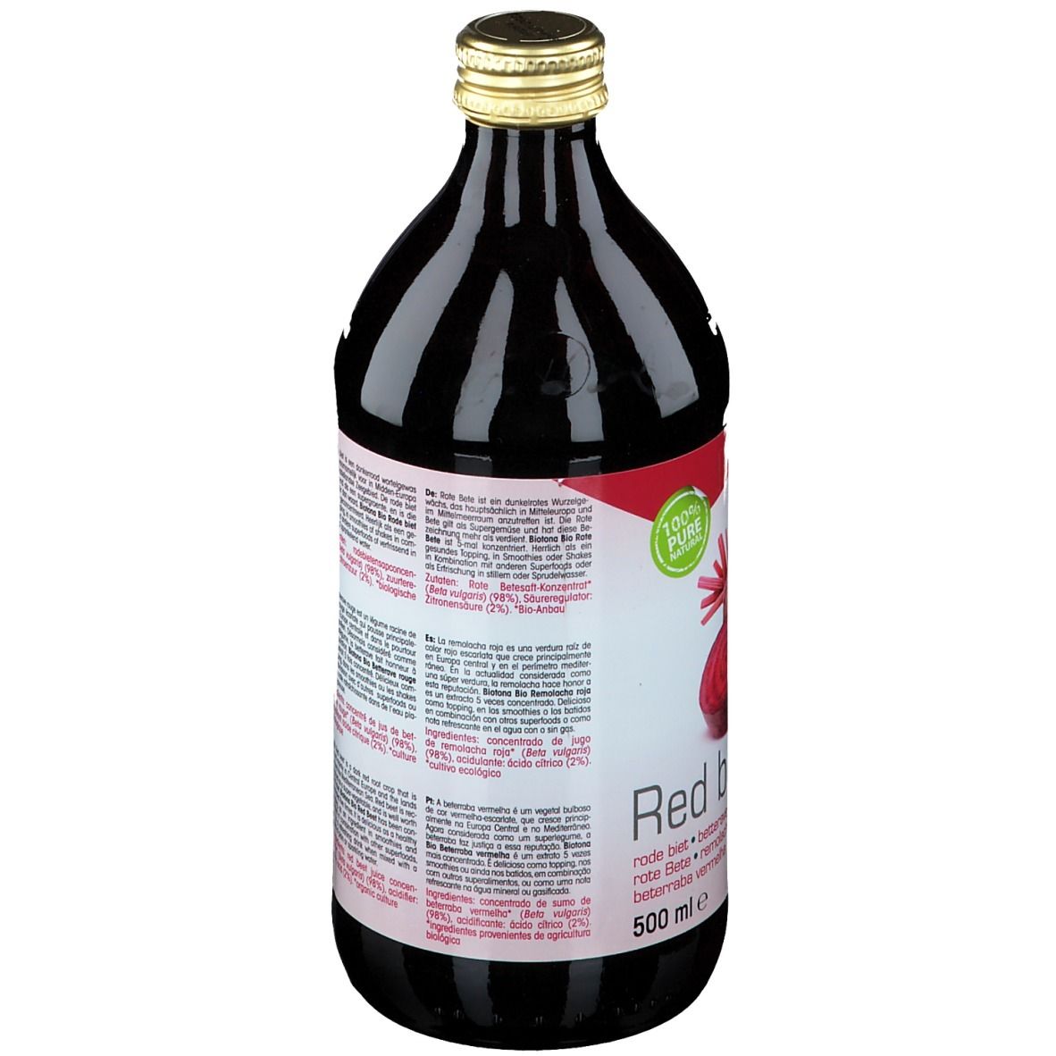 Rückseite einer Glasflasche mit roter Flüssigkeit. Etikett mit Produktname, Rote Bete-Illustration und Logos. Goldfarbener Verschluss.