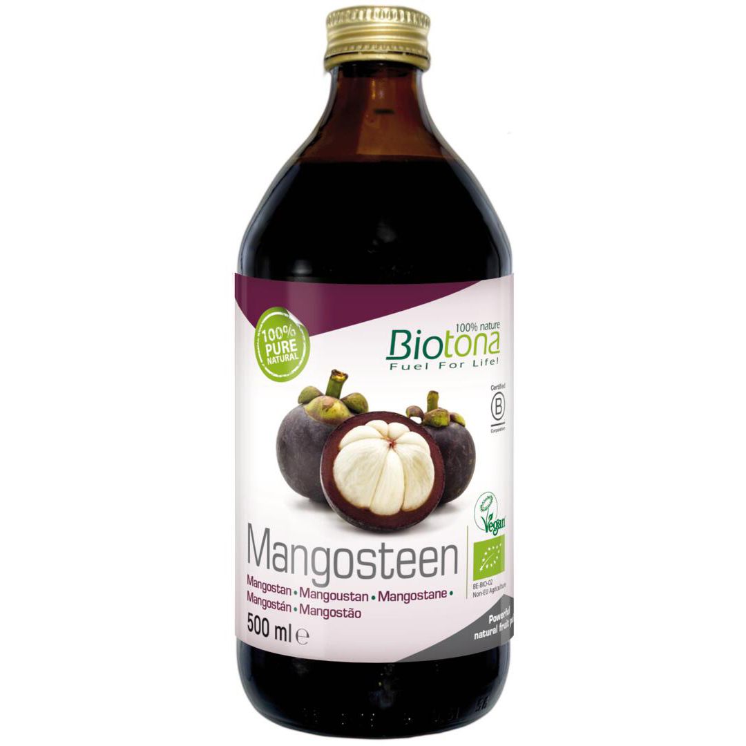 Bouteille en verre brun avec bouchon doré. Étiquette avec mangoustan et texte. Label végétalien.