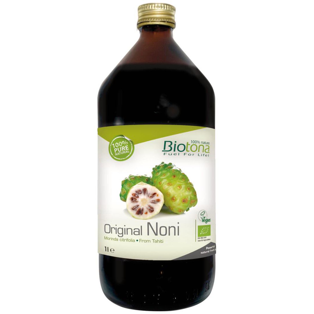 Bouteille en verre brun avec bouchon doré. Étiquette avec fruit de noni, texte: Original Noni, 100% Pure, Biotona.