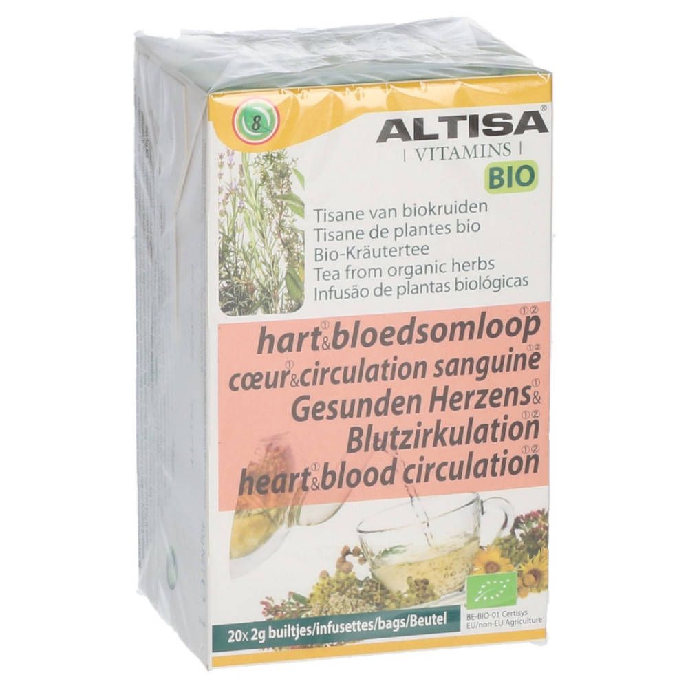 Emballage de thé ALTISA VITAMINS. Label BIO. Texte : Hart & Bloedsomloop, cœur & circulation, 20 sachets.
