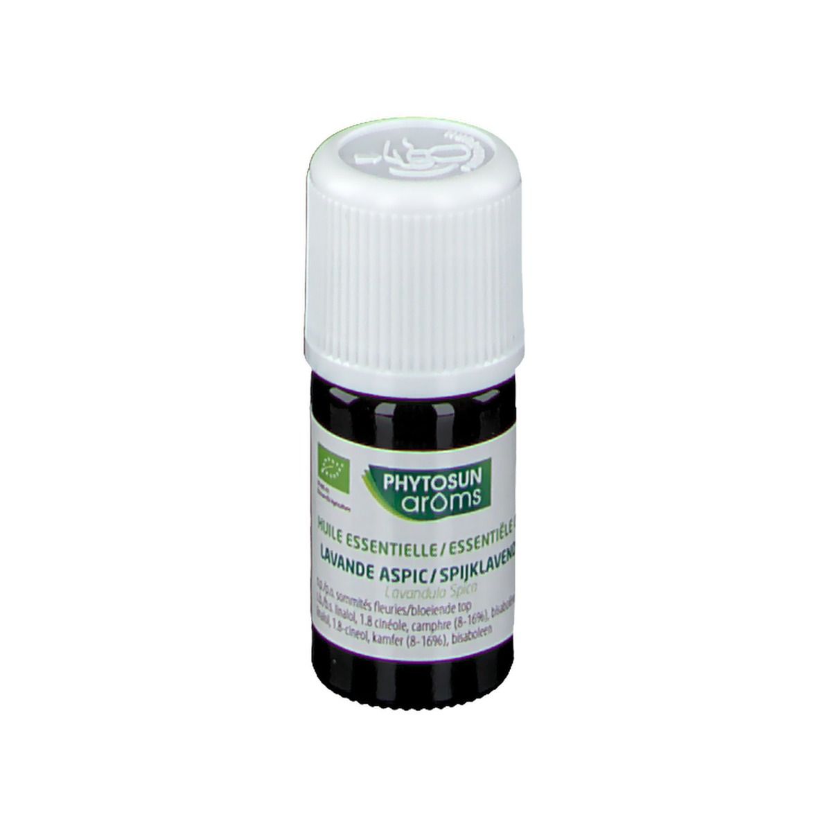 Bruine glazen fles met witte dop. Etiket met productnaam en bio-keurmerk. Lavendelolie.