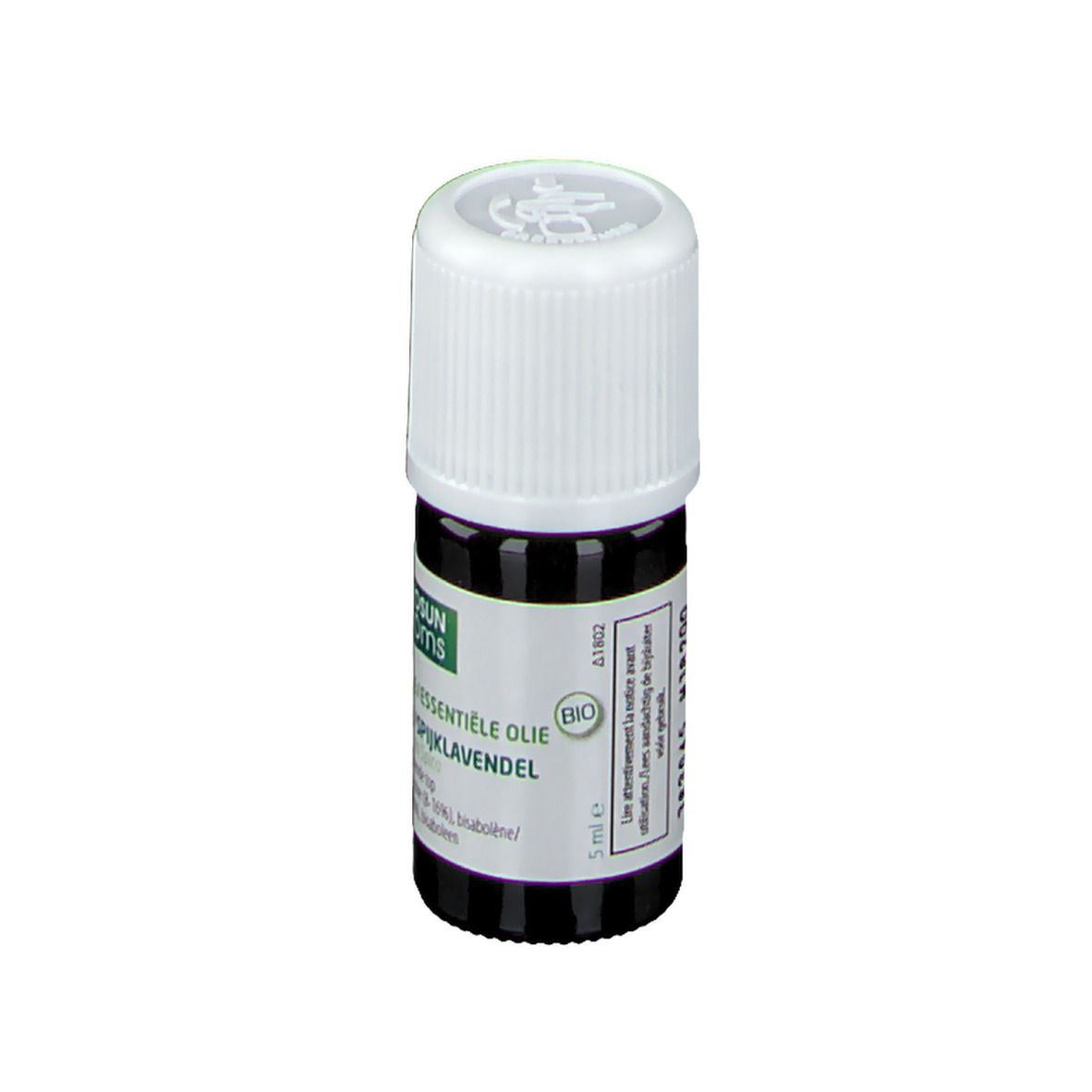 Bruine glazen fles met witte dop. Etiket met productnaam en bio-keurmerk. Lavendelolie.