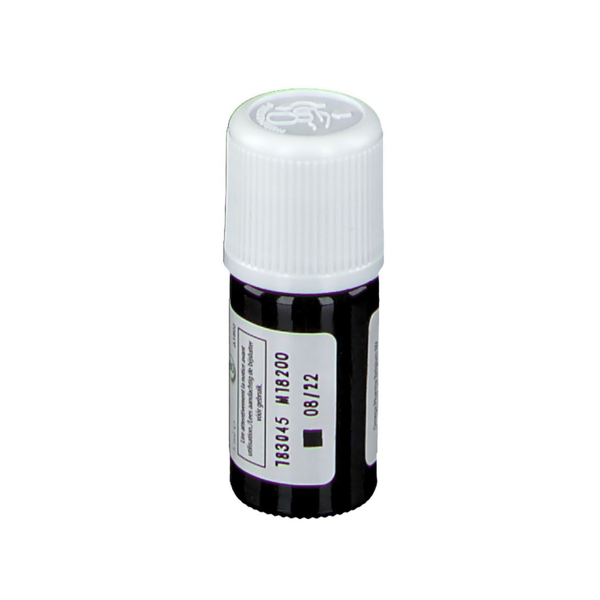 Bruine fles met witte dop. Etiket met batchnummer en vervaldatum. Essentiële olie.