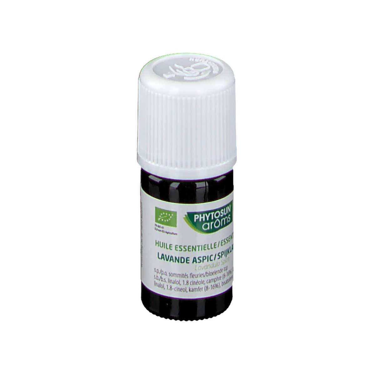 Bruine glazen fles met witte dop. Etiket met productnaam en bio-keurmerk. Lavendelolie.
